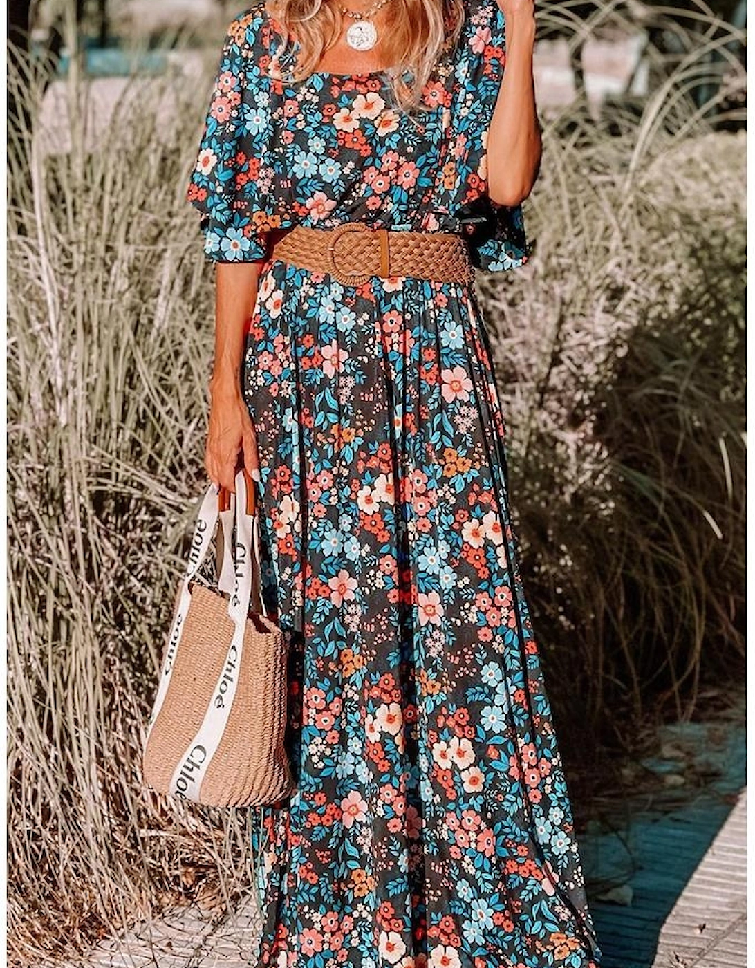 Sky Blue Floral Knotted Back Square Neck Maxi Dress
