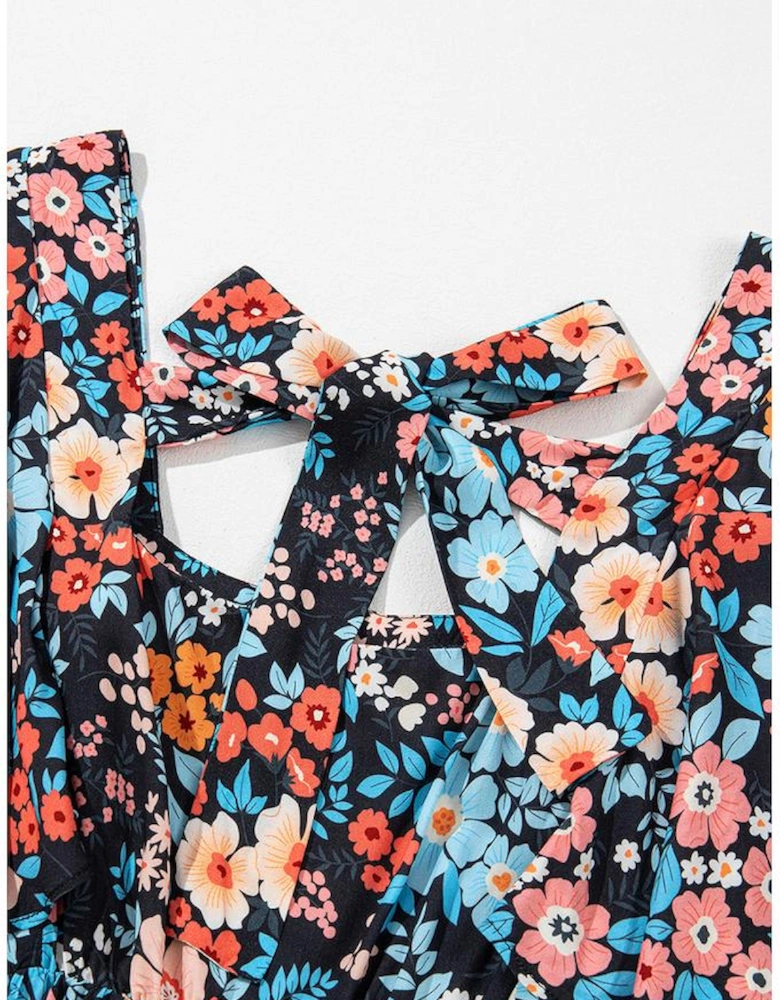 Sky Blue Floral Knotted Back Square Neck Maxi Dress