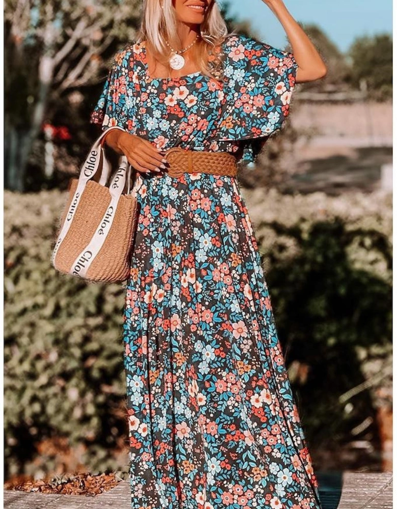 Sky Blue Floral Knotted Back Square Neck Maxi Dress