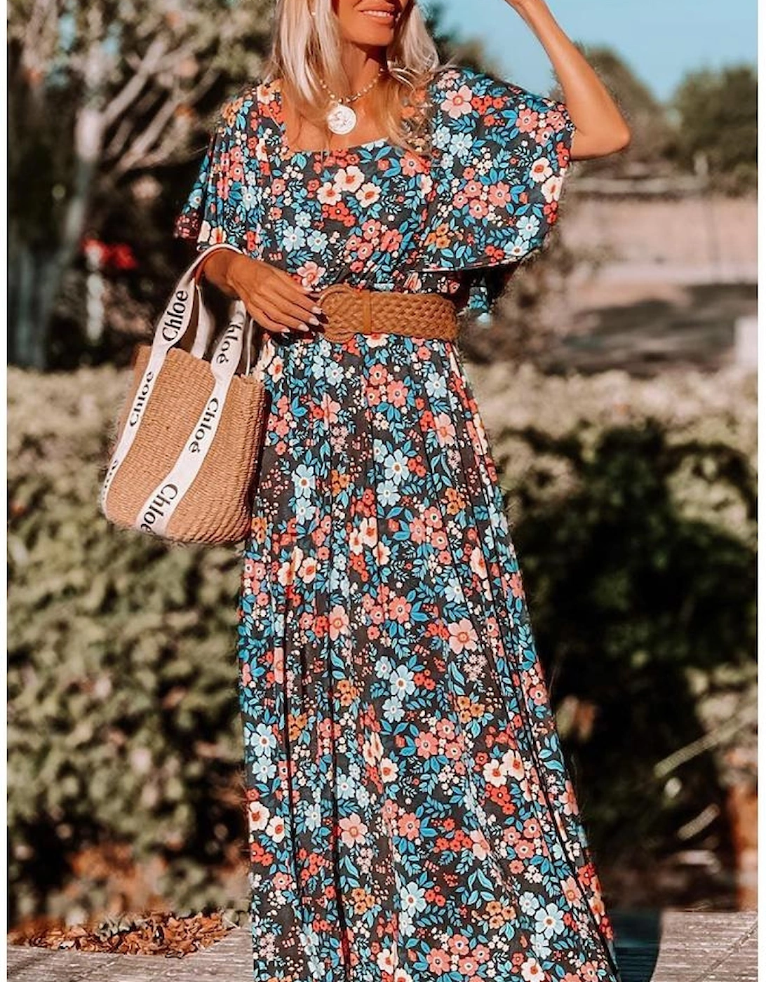 Sky Blue Floral Knotted Back Square Neck Maxi Dress