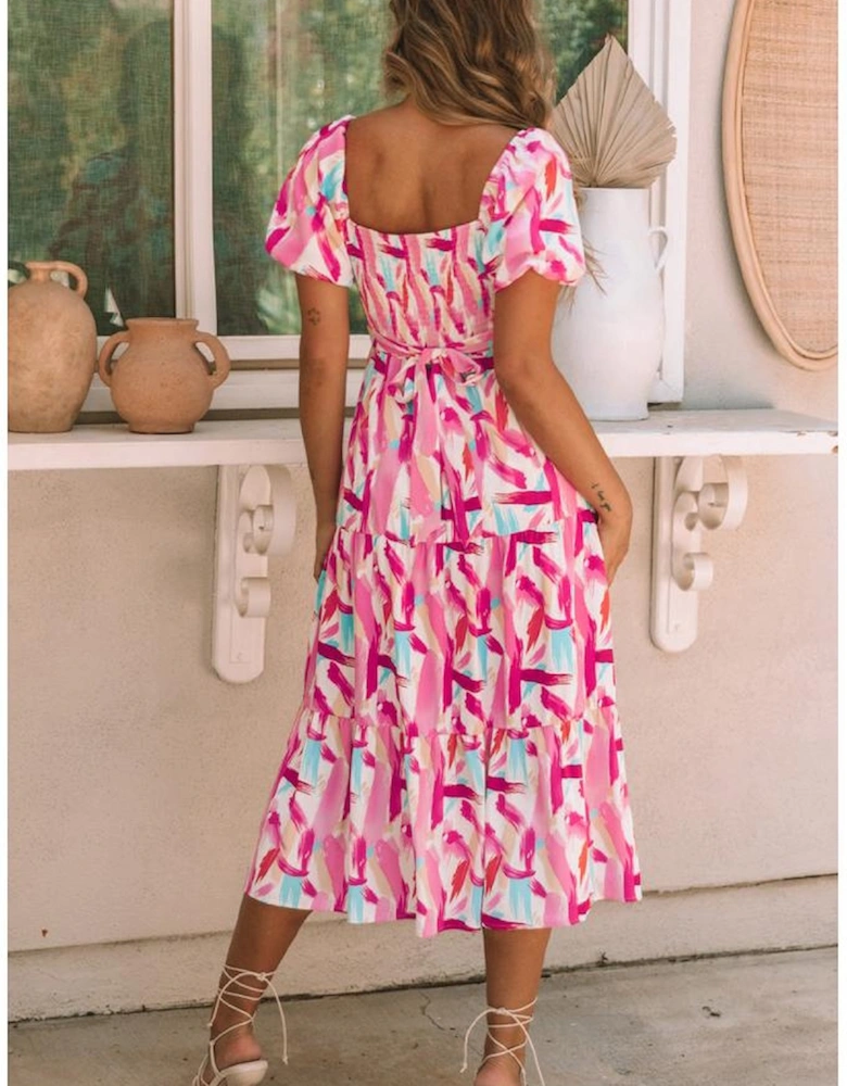 Pink Brush Stroke Printed Smocked Ruffle Tiered Dress