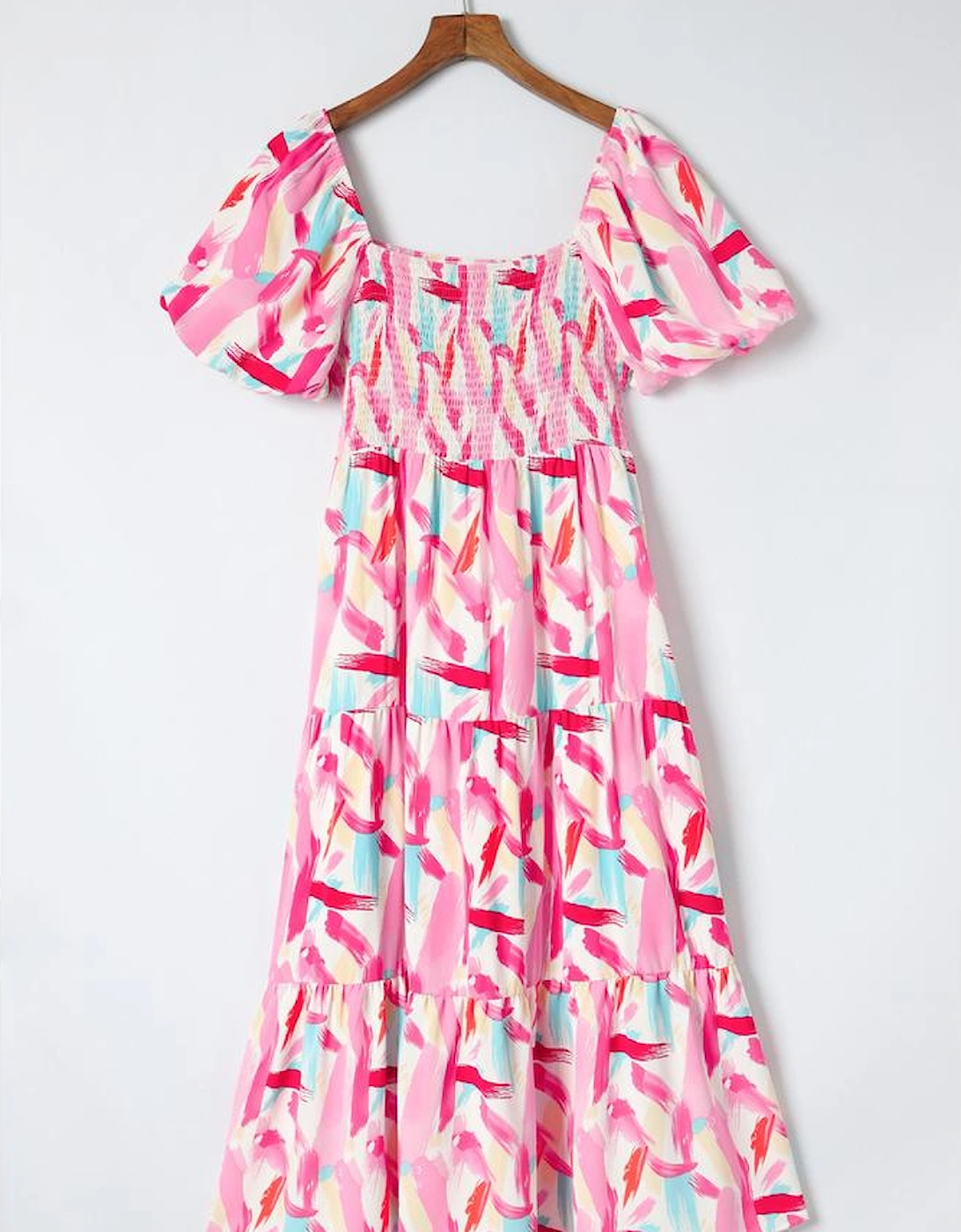 Pink Brush Stroke Printed Smocked Ruffle Tiered Dress