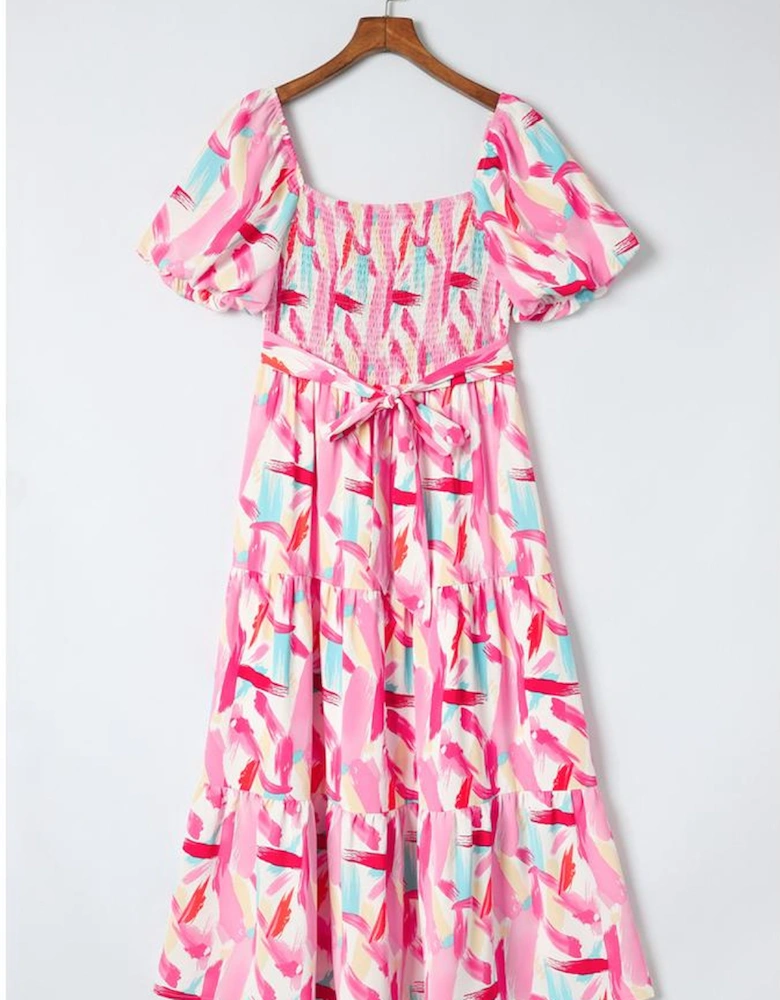 Pink Brush Stroke Printed Smocked Ruffle Tiered Dress