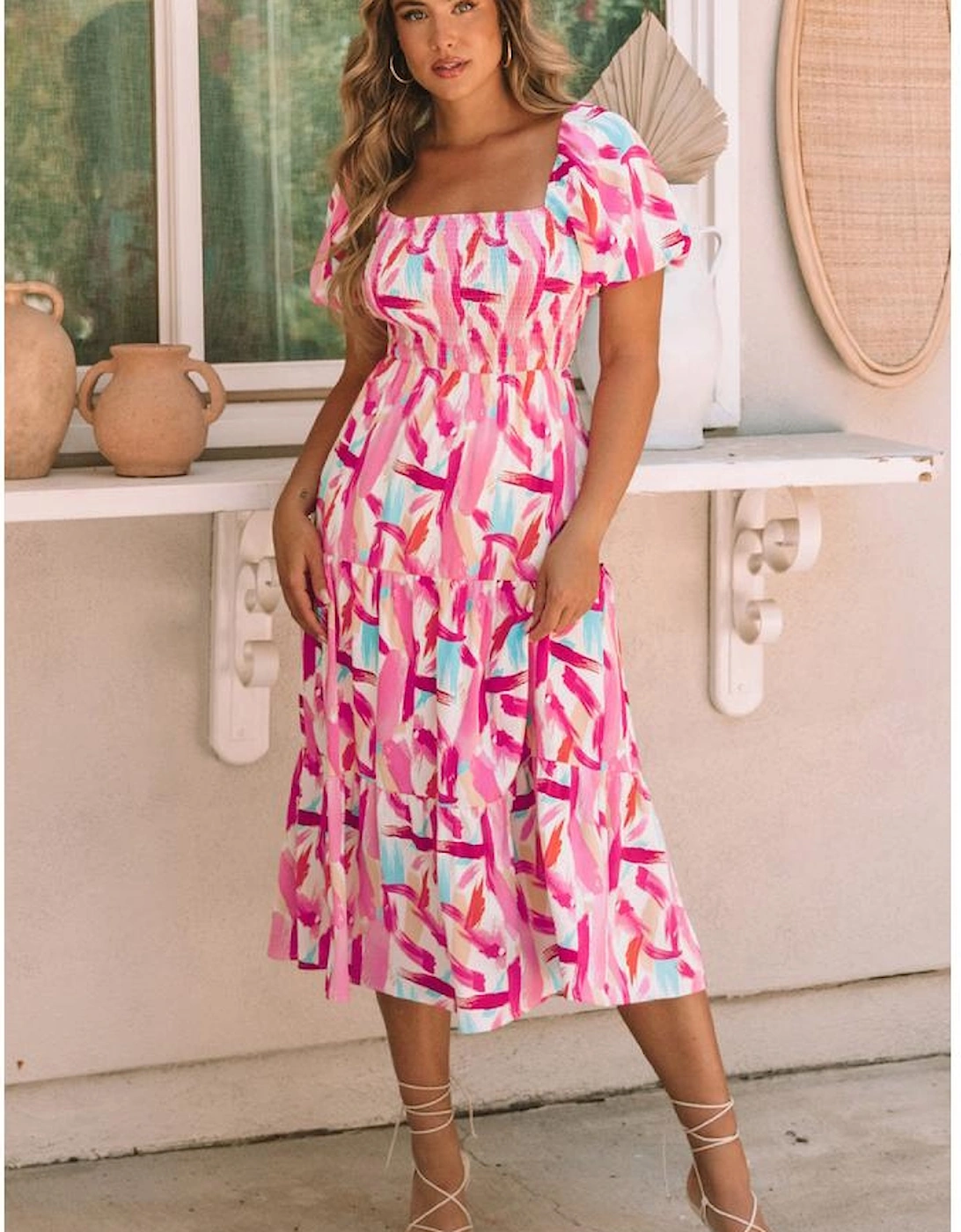 Pink Brush Stroke Printed Smocked Ruffle Tiered Dress