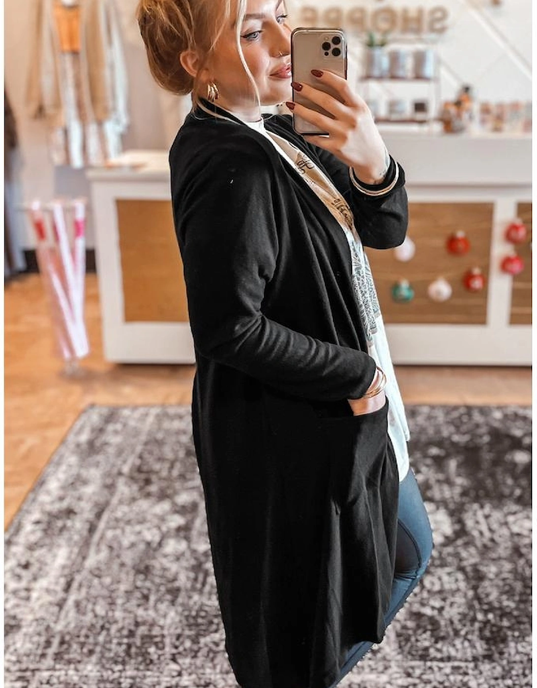 Black Solid Color Open Front Cardigan with Pocket