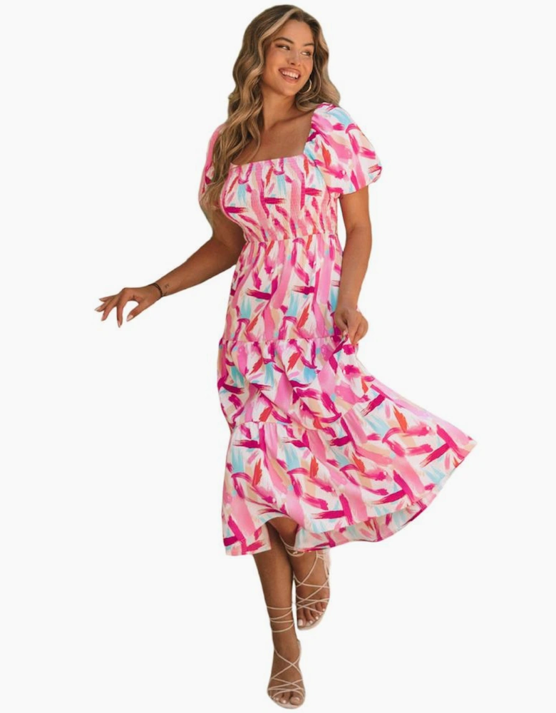 Pink Brush Stroke Printed Smocked Ruffle Tiered Dress
