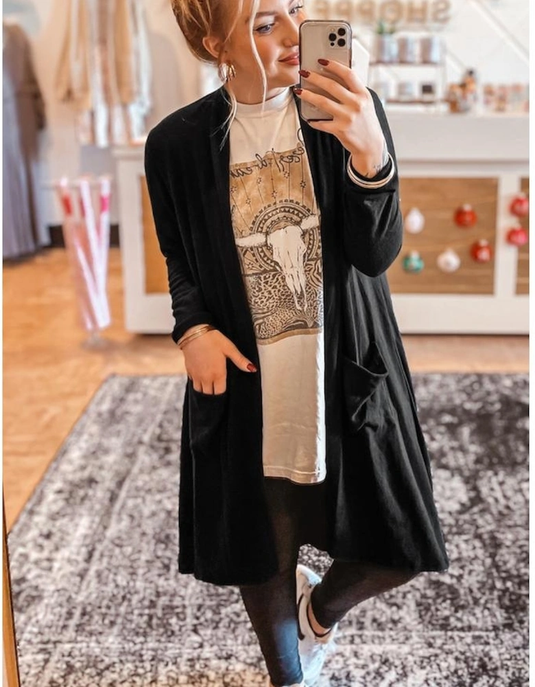 Black Solid Color Open Front Cardigan with Pocket