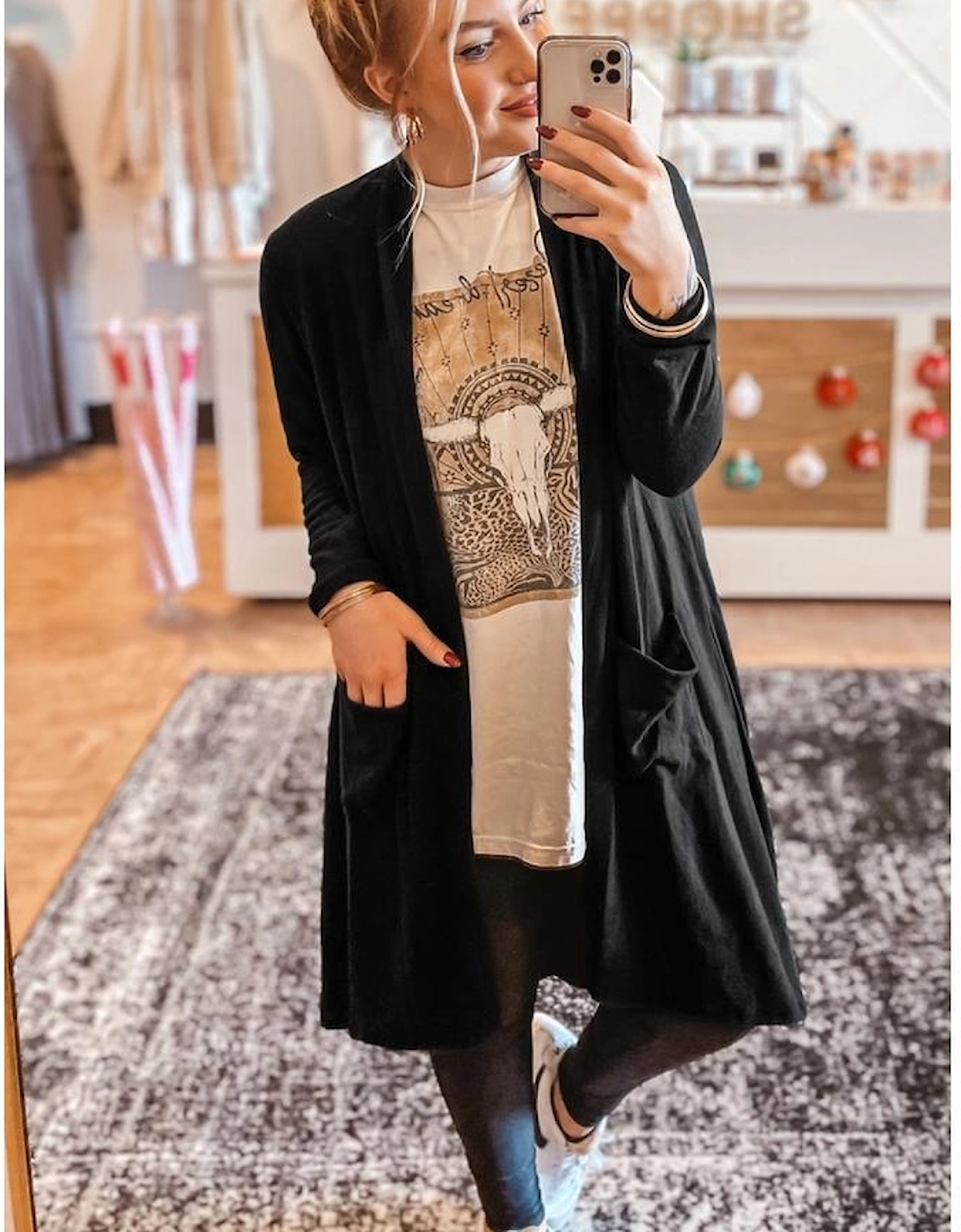 Black Solid Color Open Front Cardigan with Pocket