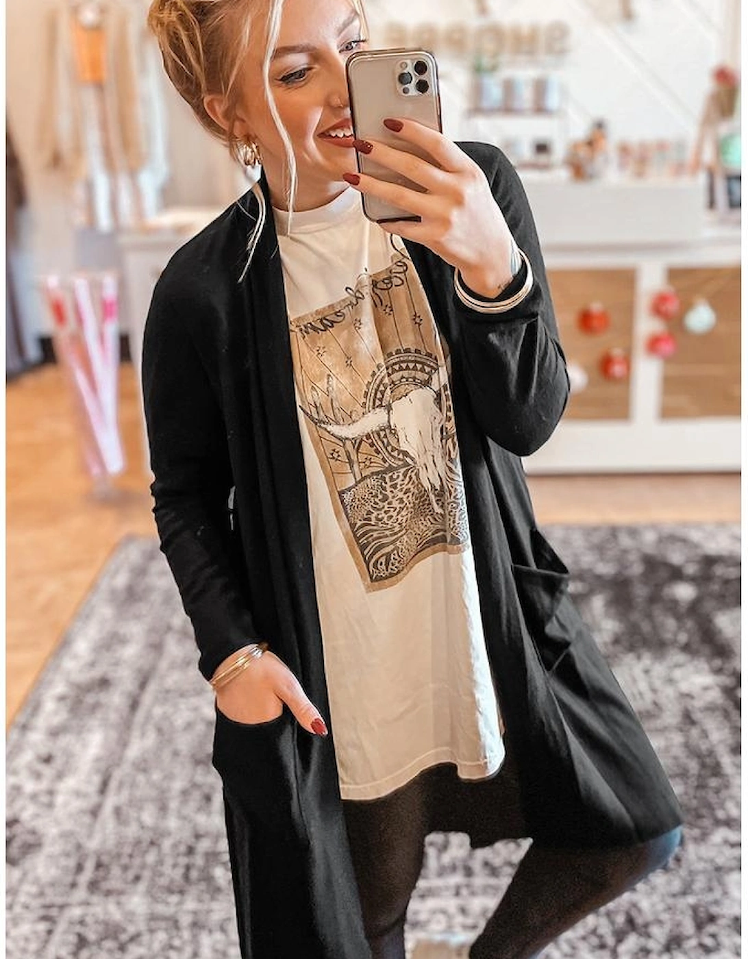 Black Solid Color Open Front Cardigan with Pocket