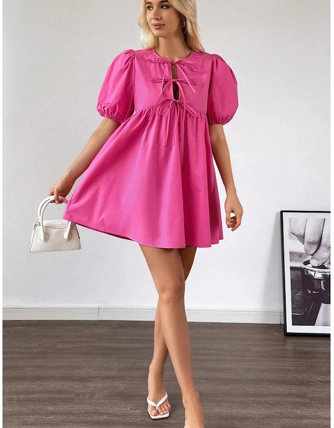 Bright Pink Solid Color Puff Sleeve Tie Front High Waist Mini Dress, 14 of 13