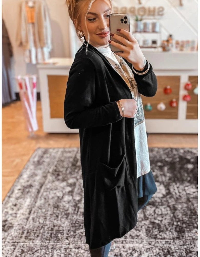 Black Solid Color Open Front Cardigan with Pocket