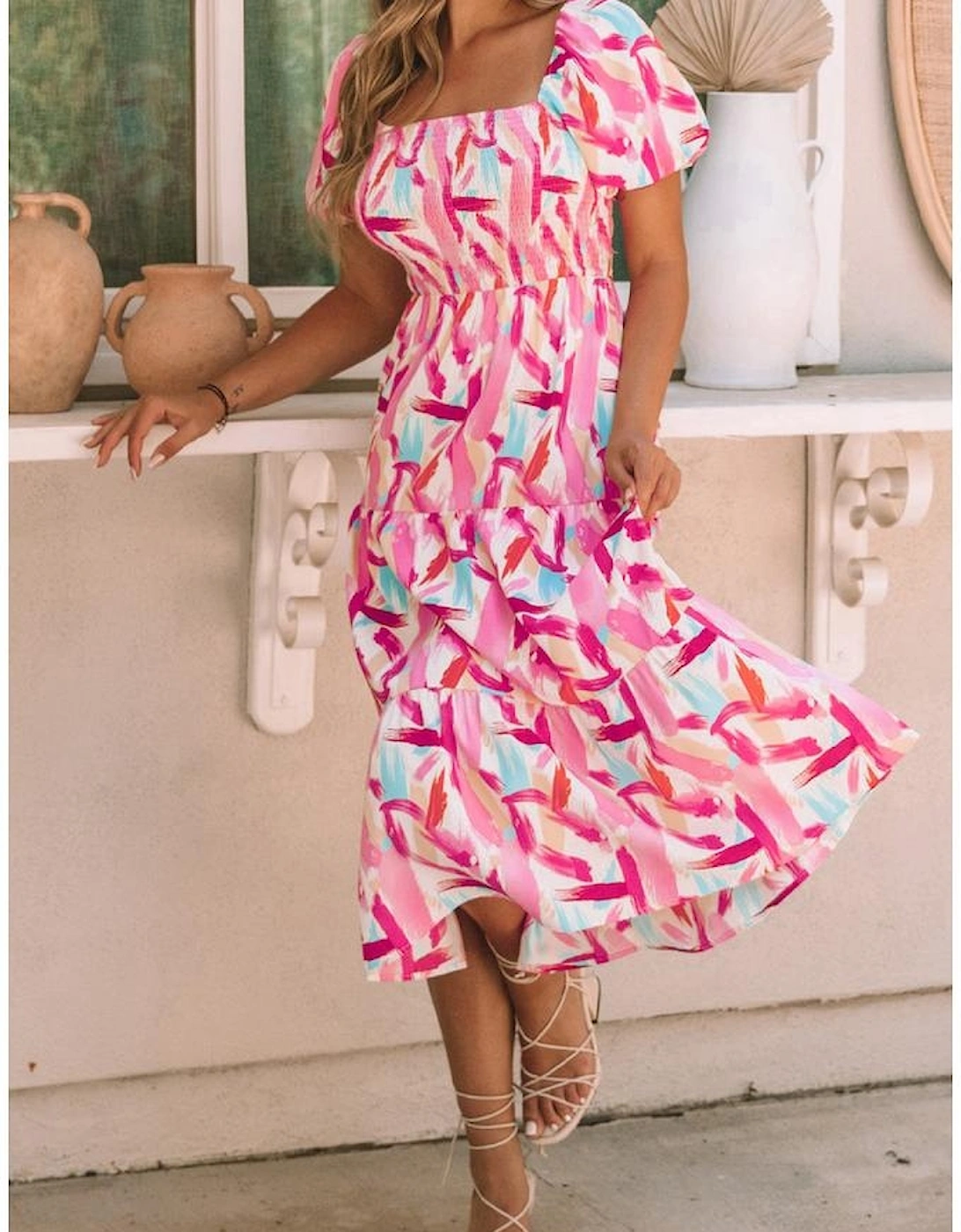 Pink Brush Stroke Printed Smocked Ruffle Tiered Dress