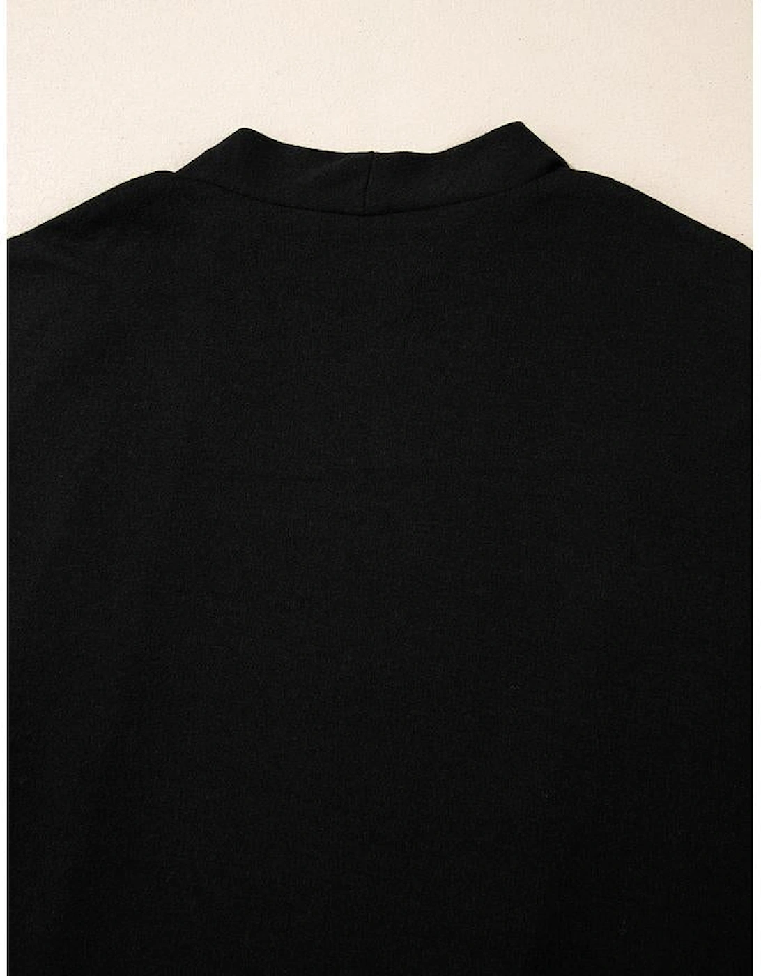 Black Solid Color Open Front Cardigan with Pocket