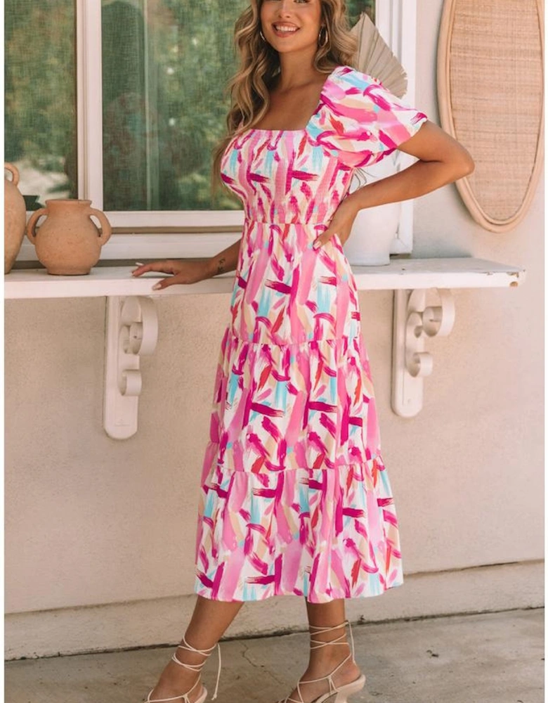 Pink Brush Stroke Printed Smocked Ruffle Tiered Dress
