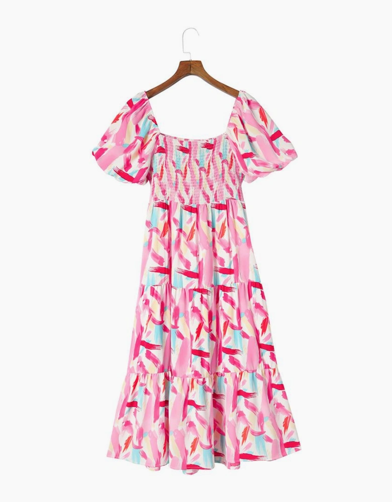 Pink Brush Stroke Printed Smocked Ruffle Tiered Dress