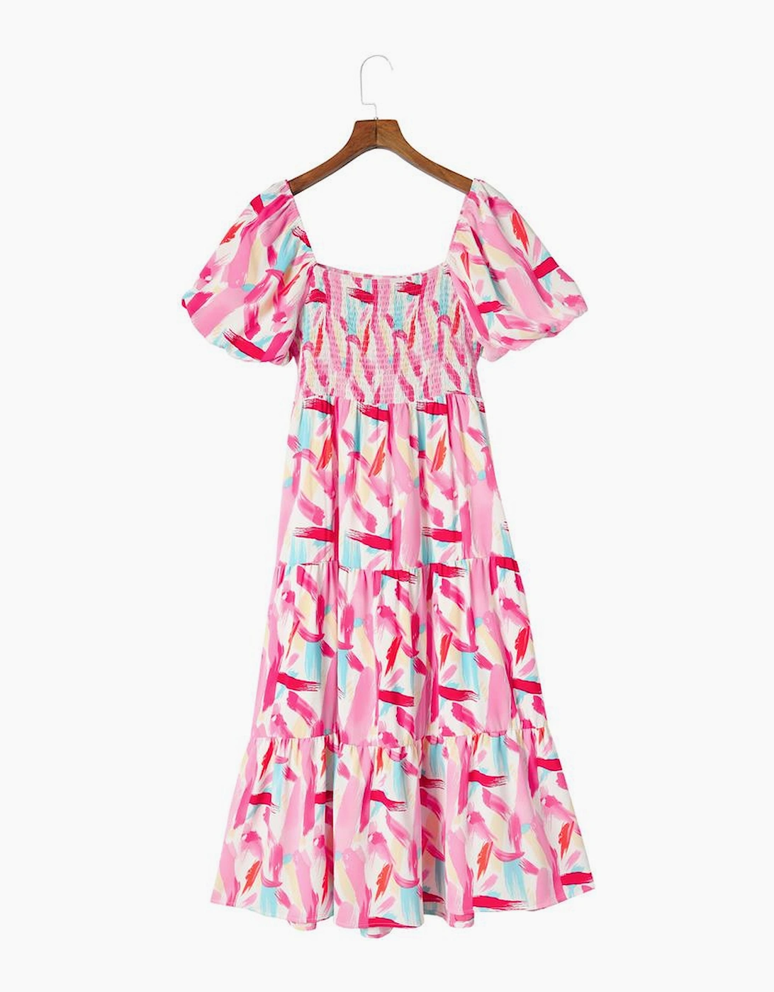 Pink Brush Stroke Printed Smocked Ruffle Tiered Dress