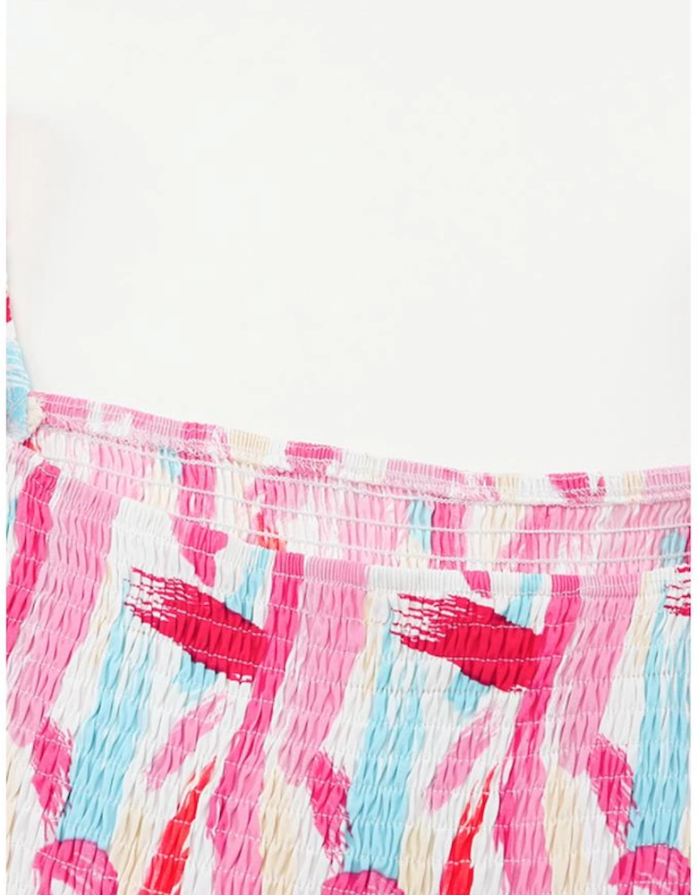 Pink Brush Stroke Printed Smocked Ruffle Tiered Dress