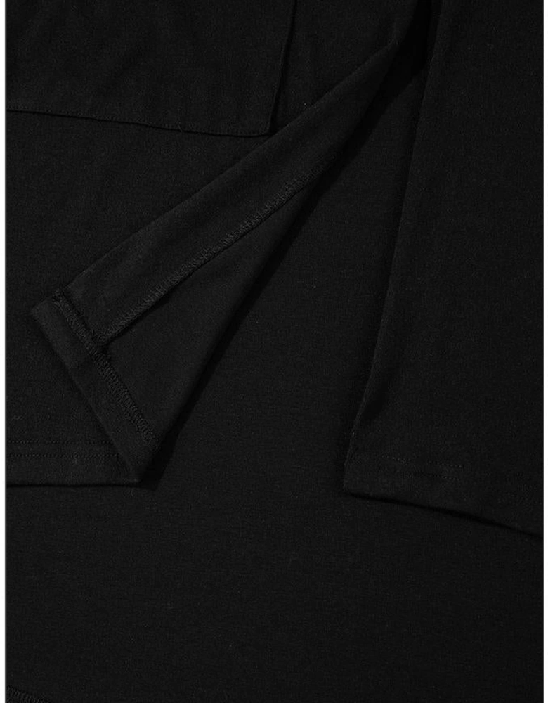 Black Solid Color Open Front Cardigan with Pocket