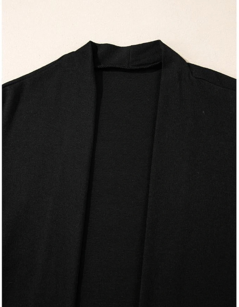 Black Solid Color Open Front Cardigan with Pocket