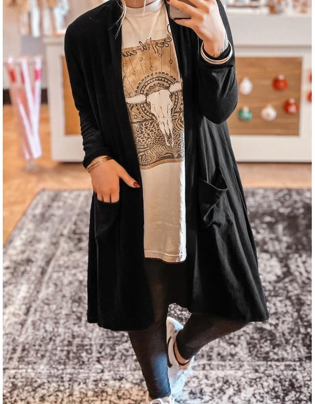 Black Solid Color Open Front Cardigan with Pocket