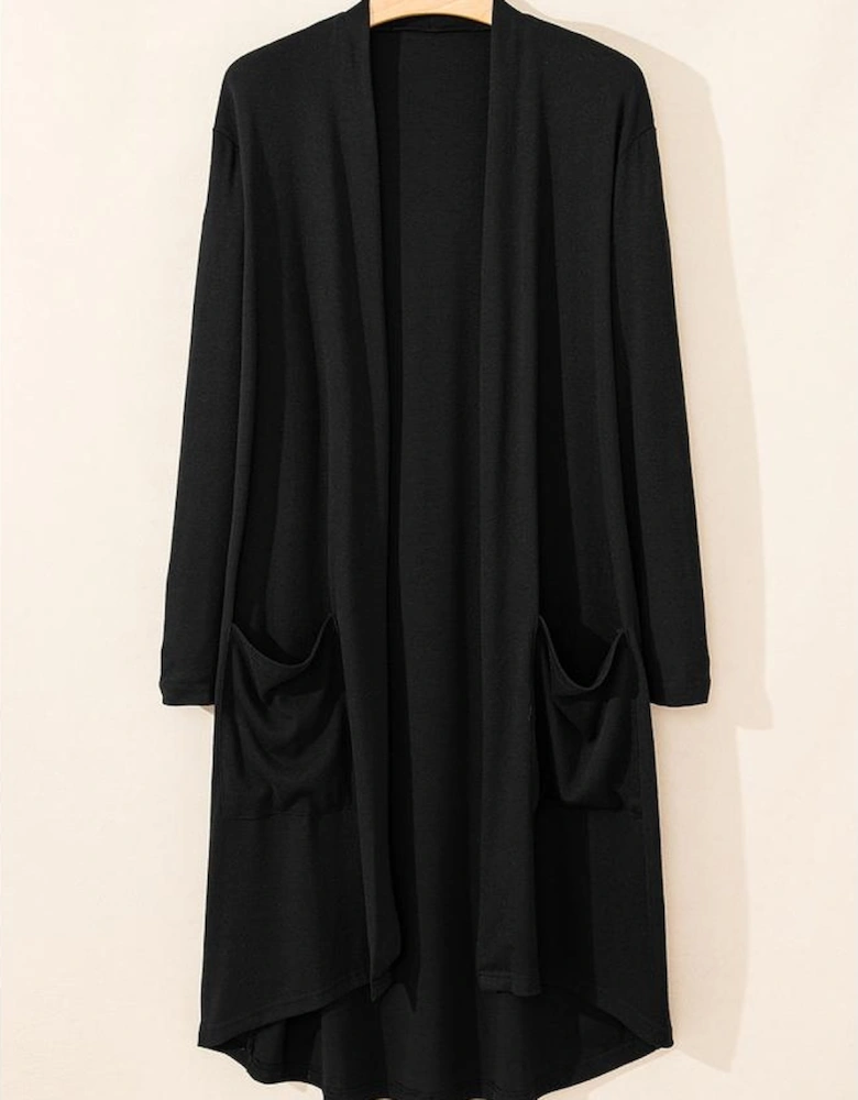 Black Solid Color Open Front Cardigan with Pocket