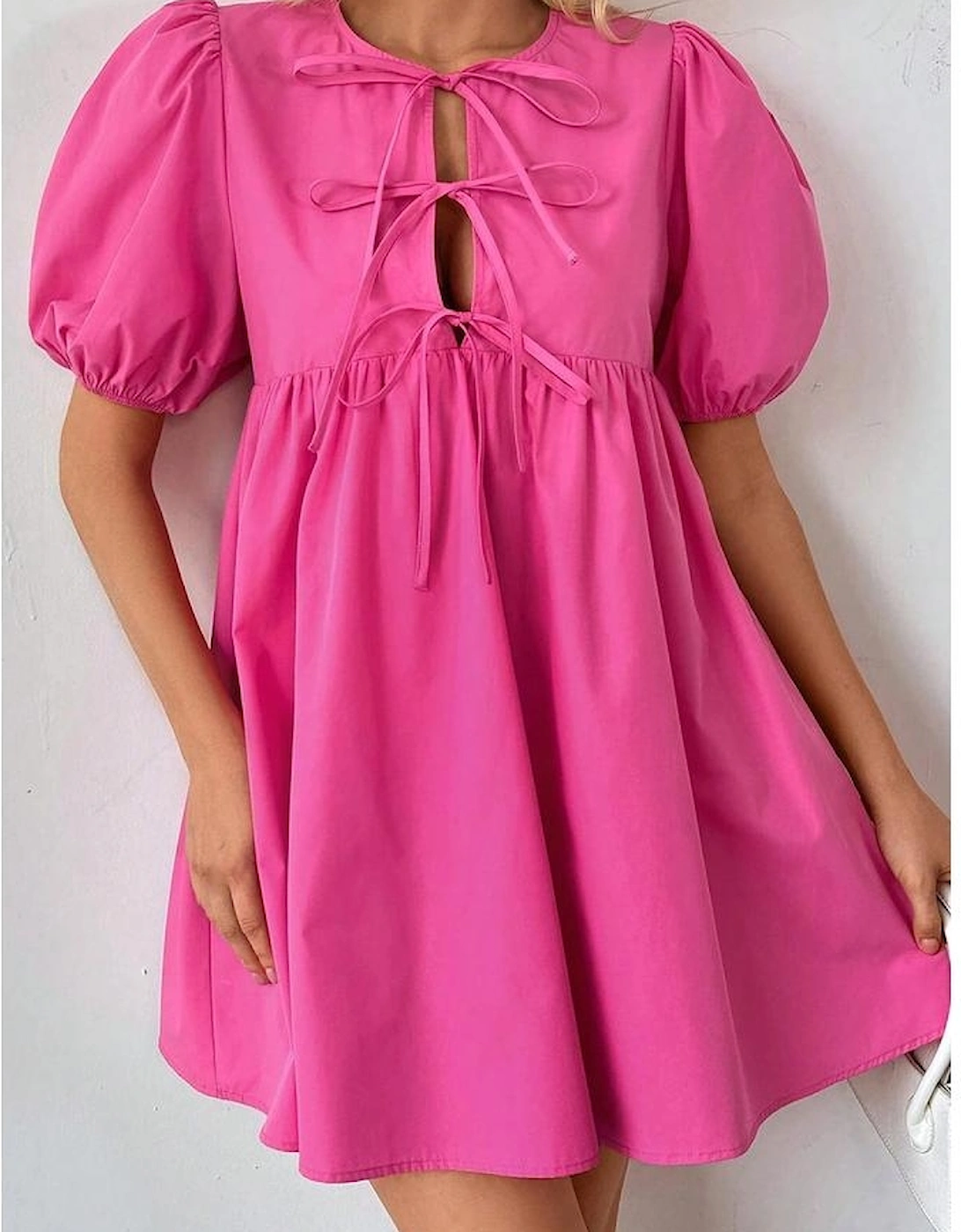Bright Pink Solid Color Puff Sleeve Tie Front High Waist Mini Dress