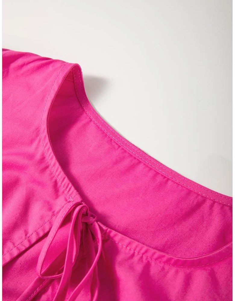 Bright Pink Solid Color Puff Sleeve Tie Front High Waist Mini Dress