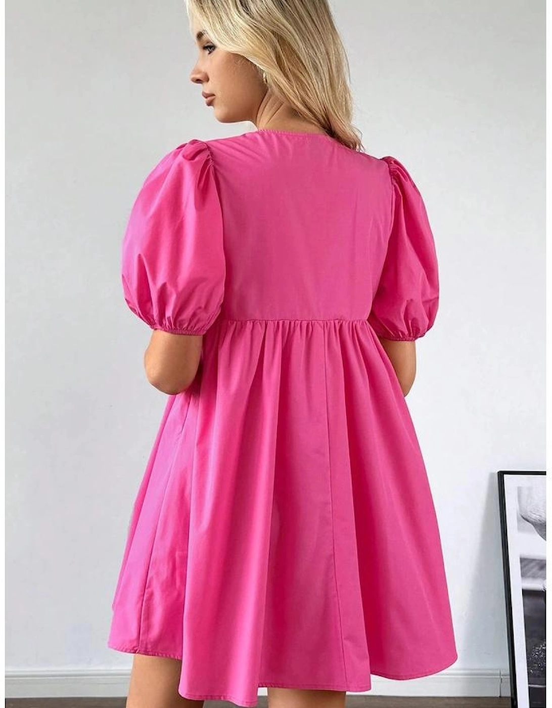Bright Pink Solid Color Puff Sleeve Tie Front High Waist Mini Dress