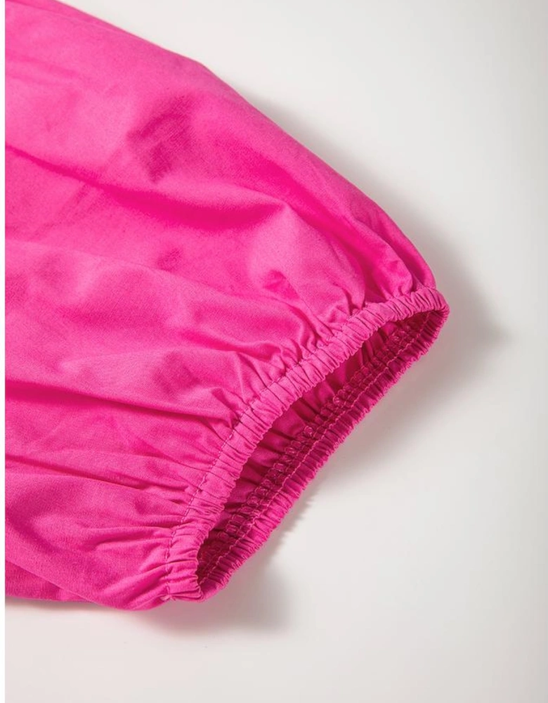 Bright Pink Solid Color Puff Sleeve Tie Front High Waist Mini Dress