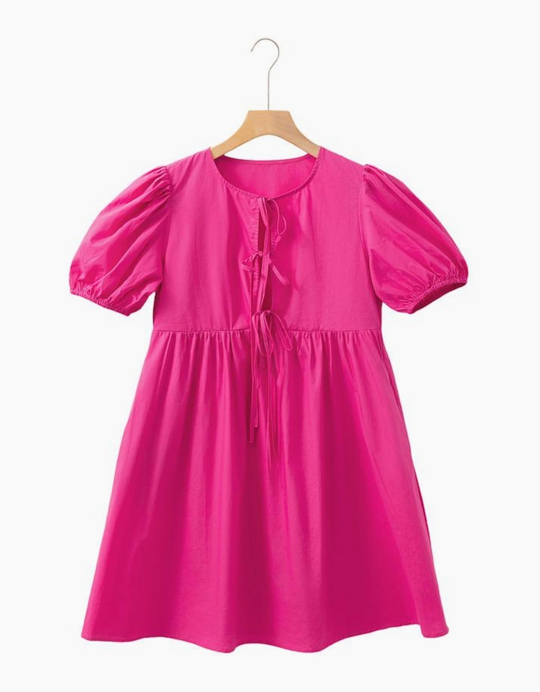 Bright Pink Solid Color Puff Sleeve Tie Front High Waist Mini Dress