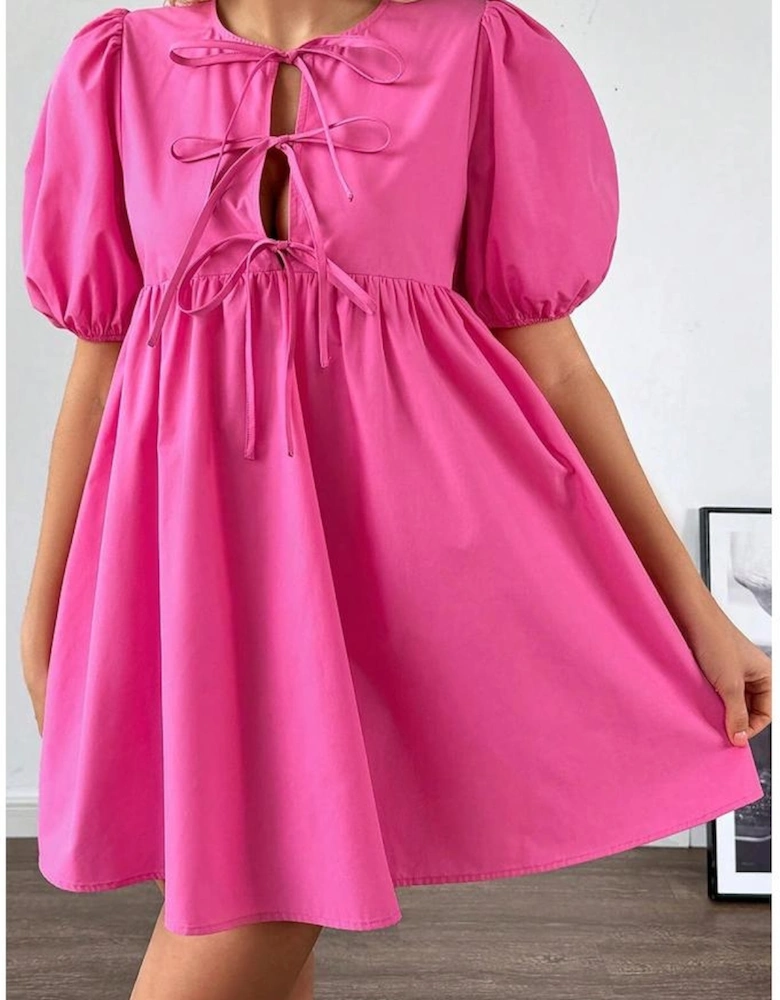 Bright Pink Solid Color Puff Sleeve Tie Front High Waist Mini Dress