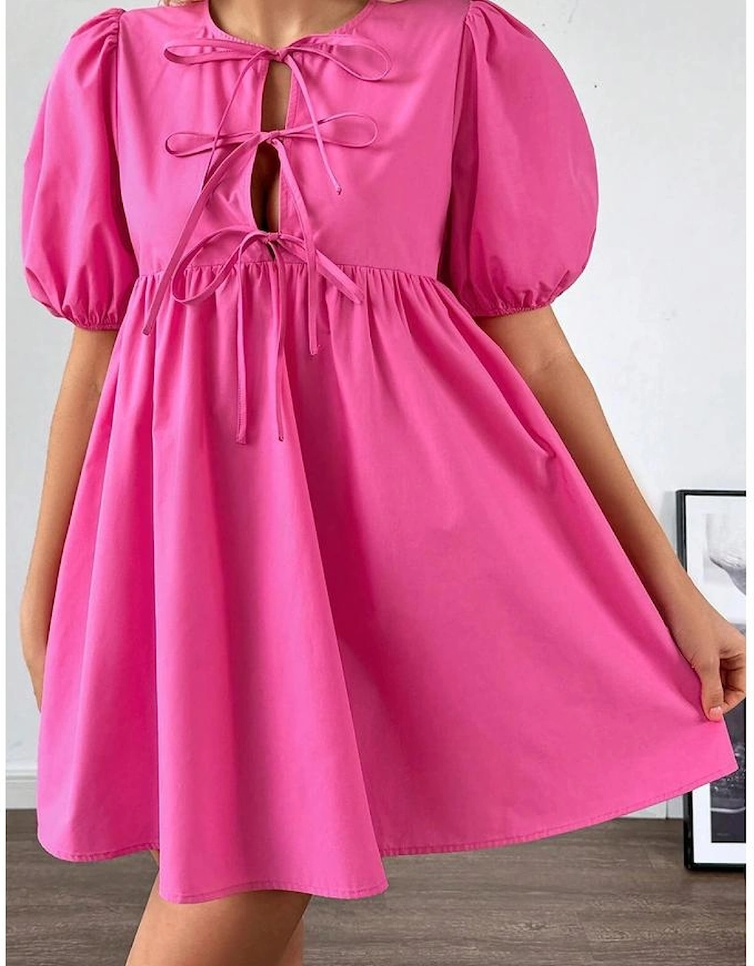Bright Pink Solid Color Puff Sleeve Tie Front High Waist Mini Dress