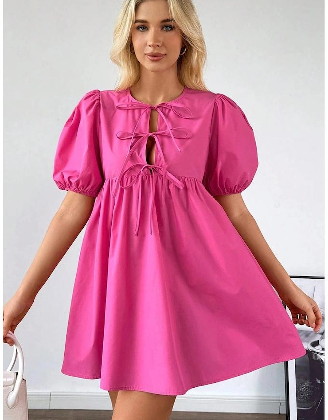 Bright Pink Solid Color Puff Sleeve Tie Front High Waist Mini Dress