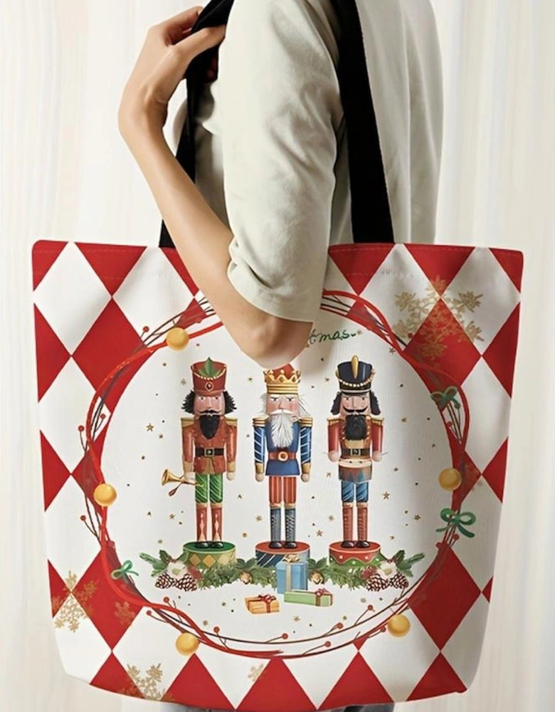 Fiery Red Checkered Merry Christmas Nutcracker Printed Canvas Shoulder Bag