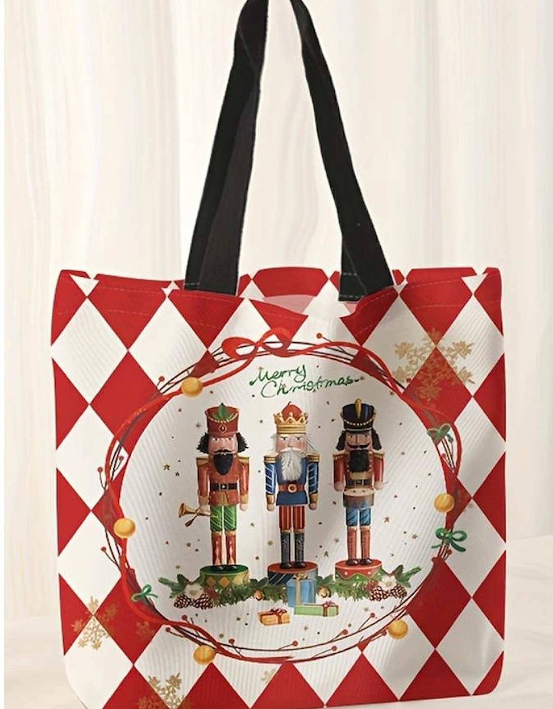 Fiery Red Checkered Merry Christmas Nutcracker Printed Canvas Shoulder Bag