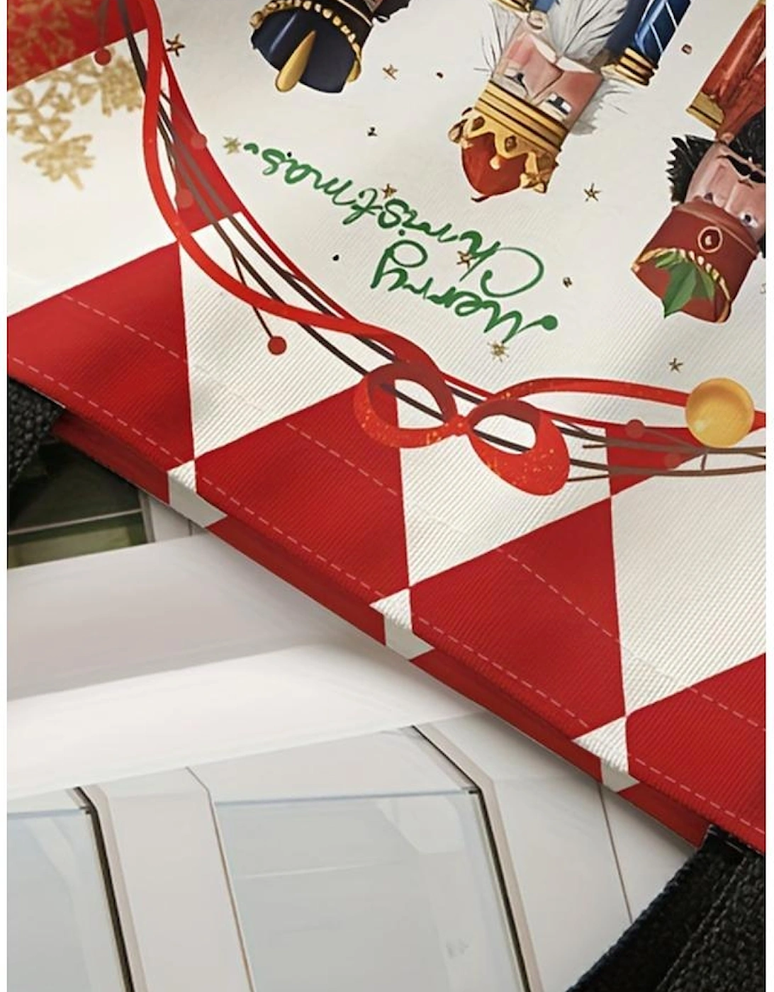 Fiery Red Checkered Merry Christmas Nutcracker Printed Canvas Shoulder Bag