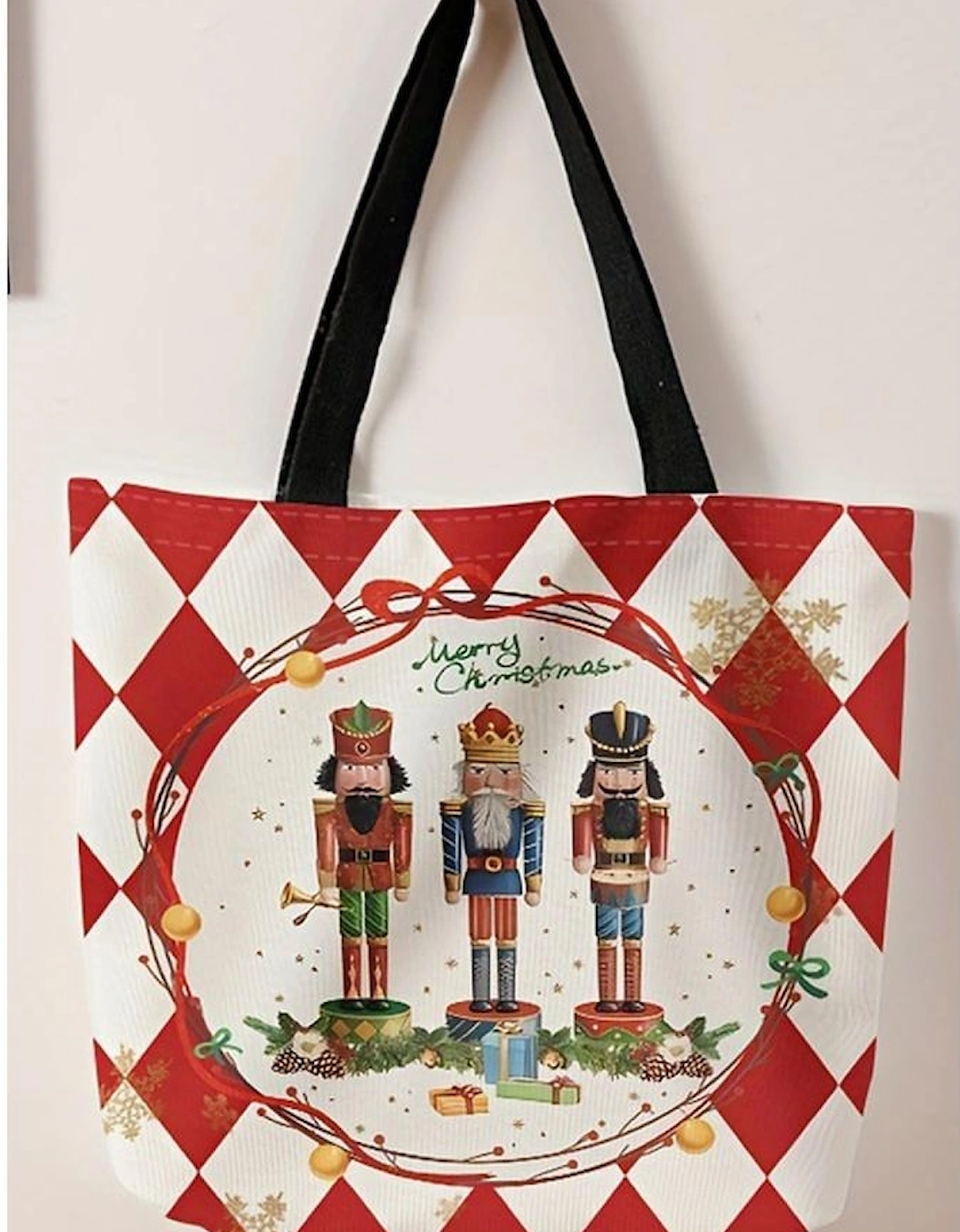 Fiery Red Checkered Merry Christmas Nutcracker Printed Canvas Shoulder Bag
