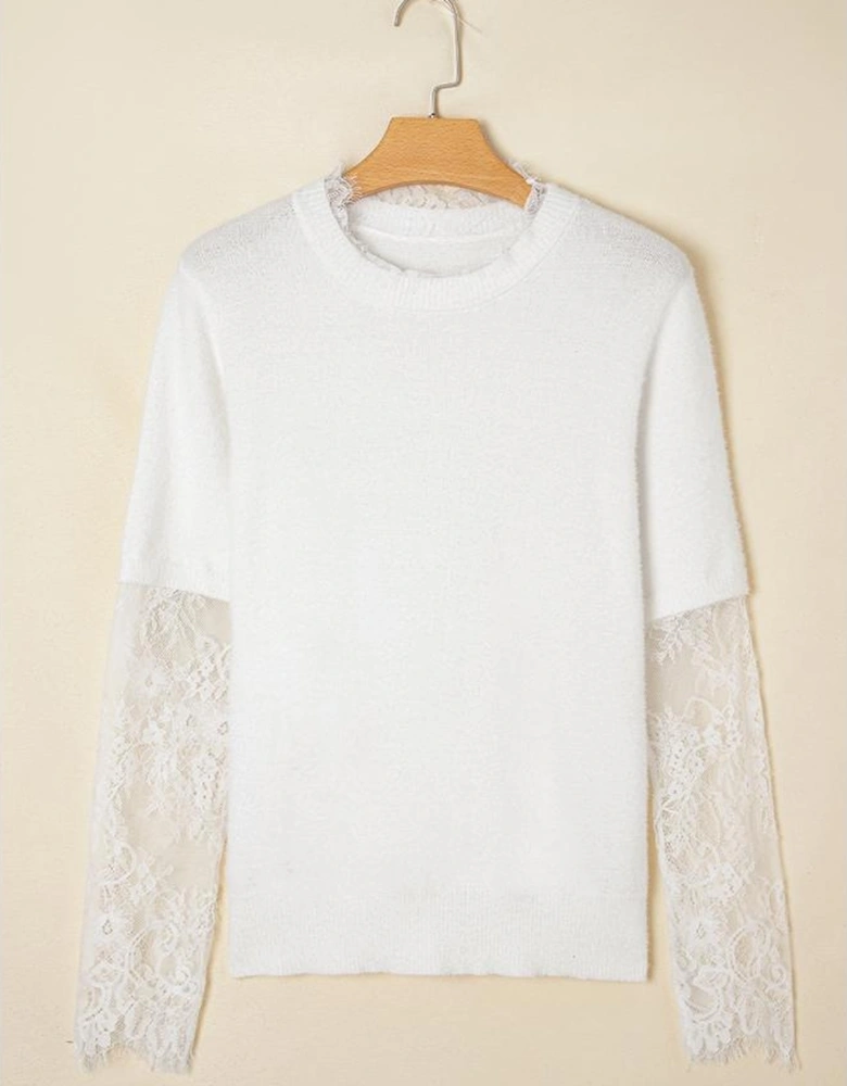 Beige Lace Sleeve Patchwork Faux Two-piece Fuzzy Sweater
