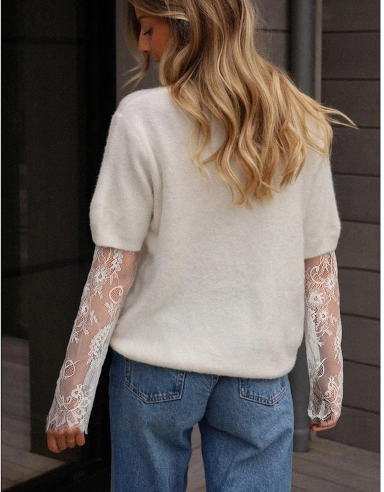 Beige Lace Sleeve Patchwork Faux Two-piece Fuzzy Sweater