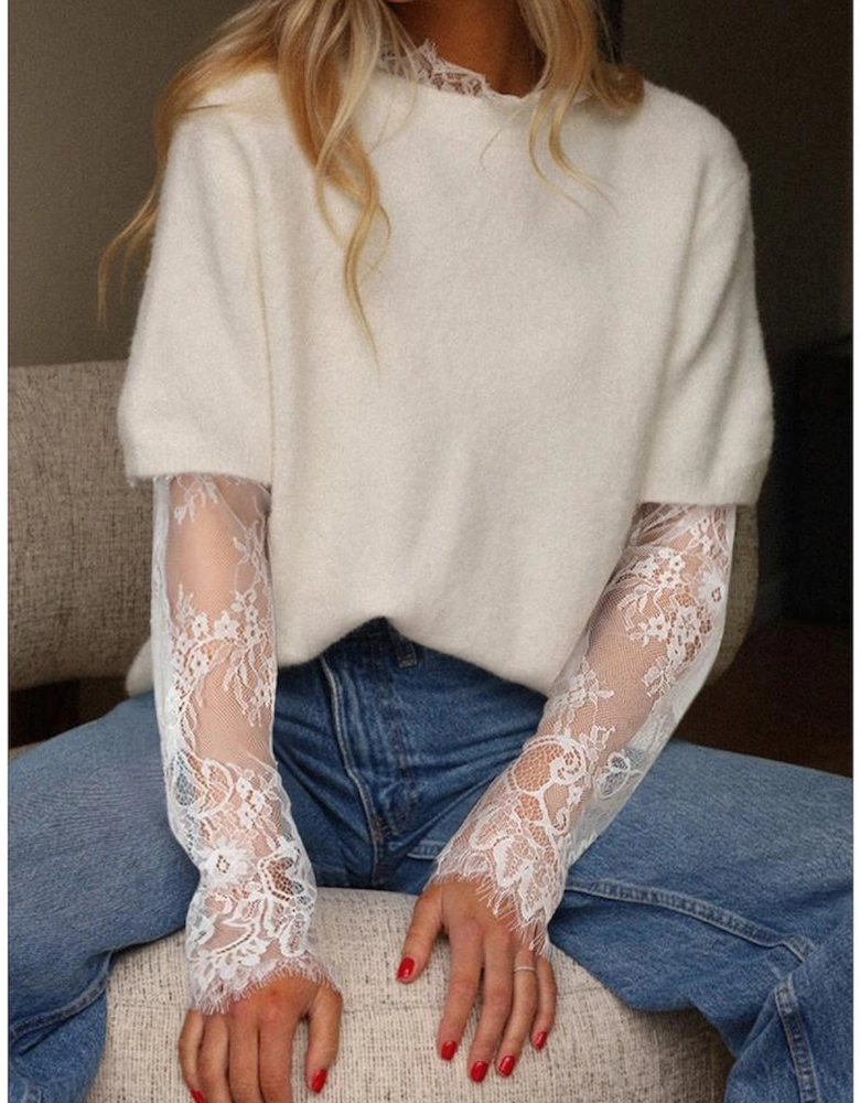 Beige Lace Sleeve Patchwork Faux Two-piece Fuzzy Sweater