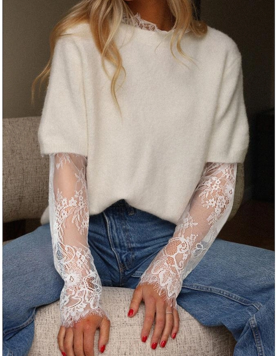 Beige Lace Sleeve Patchwork Faux Two-piece Fuzzy Sweater