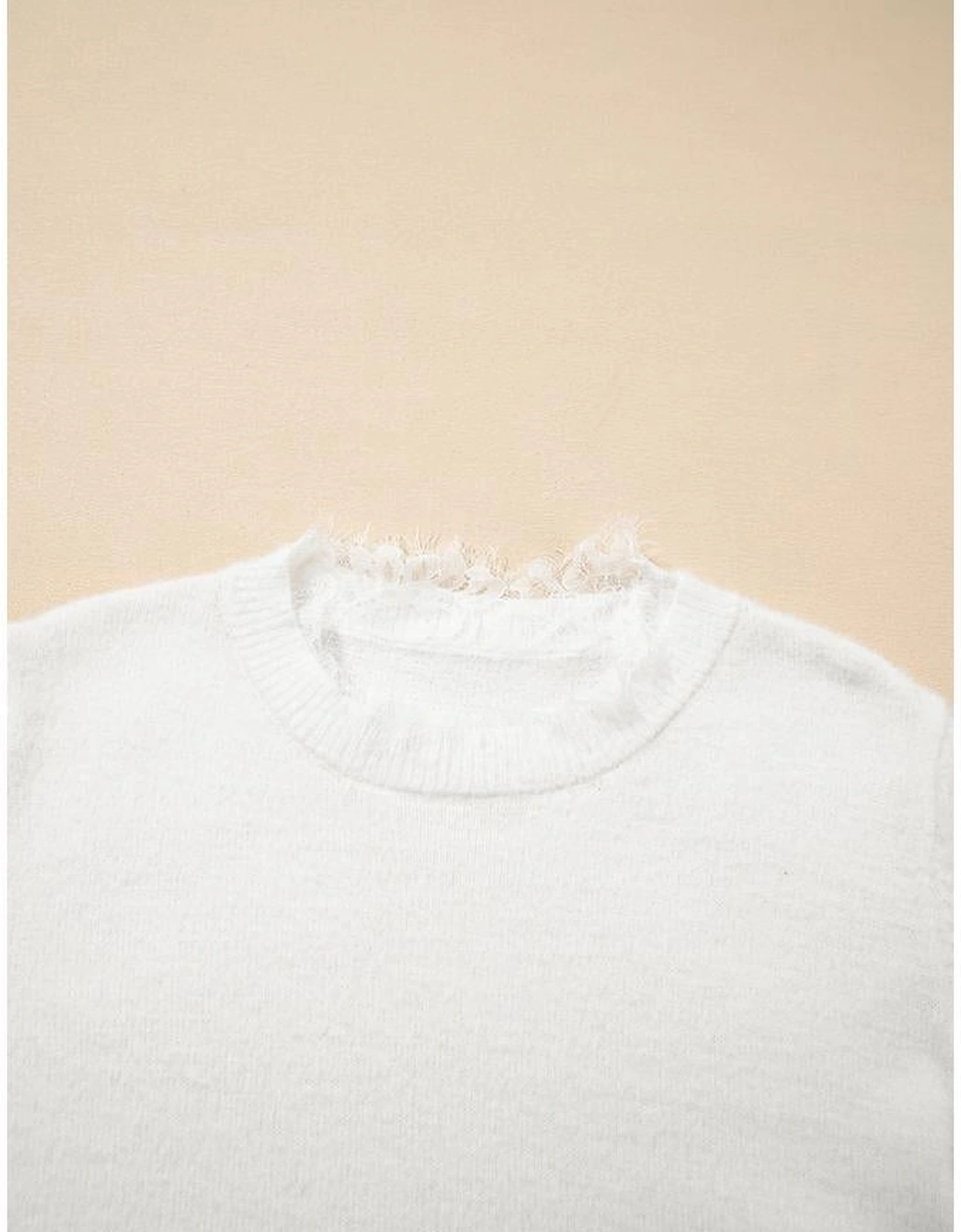 Beige Lace Sleeve Patchwork Faux Two-piece Fuzzy Sweater