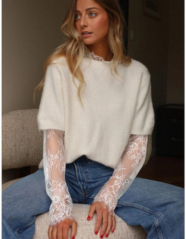 Beige Lace Sleeve Patchwork Faux Two-piece Fuzzy Sweater