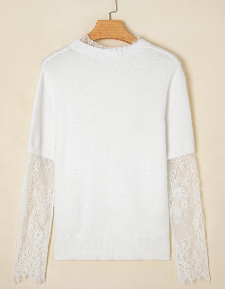 Beige Lace Sleeve Patchwork Faux Two-piece Fuzzy Sweater