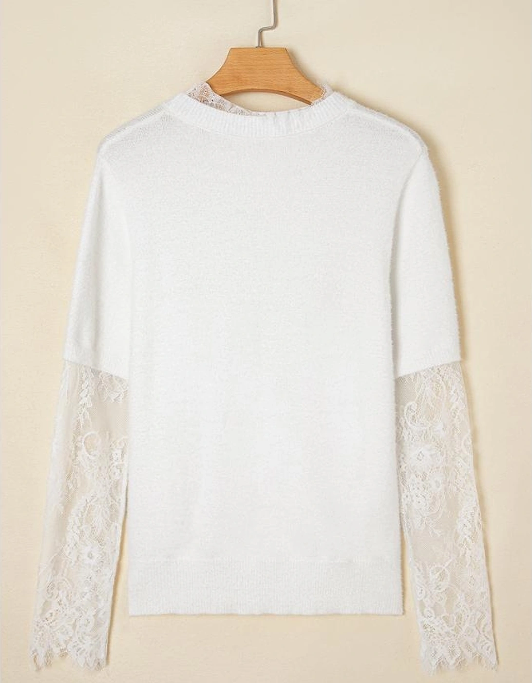 Beige Lace Sleeve Patchwork Faux Two-piece Fuzzy Sweater