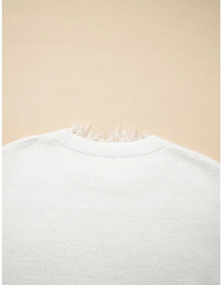 Beige Lace Sleeve Patchwork Faux Two-piece Fuzzy Sweater