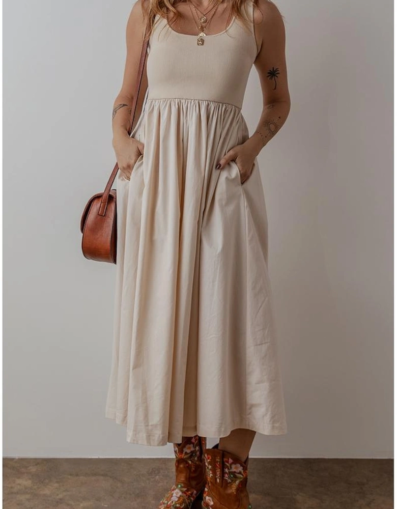 Beige Scoop Neck Ribbed Bodice Pleated Sleeveless Long Dress