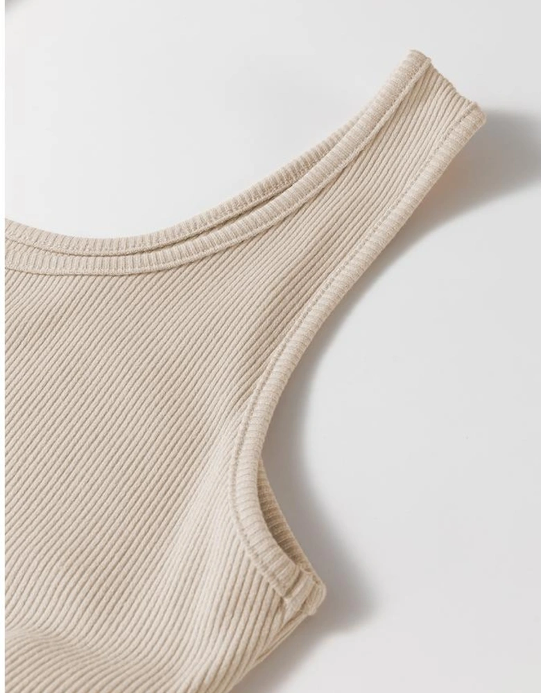 Beige Scoop Neck Ribbed Bodice Pleated Sleeveless Long Dress