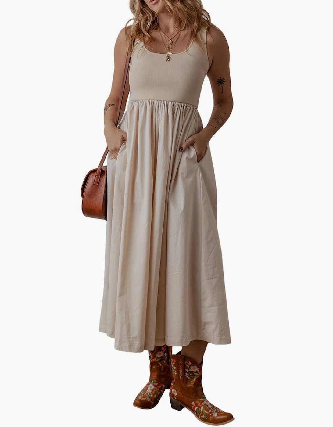 Beige Scoop Neck Ribbed Bodice Pleated Sleeveless Long Dress