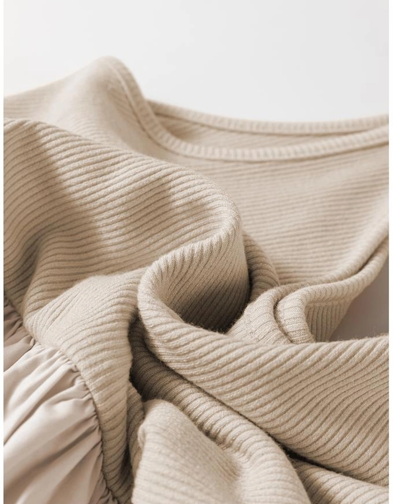 Beige Scoop Neck Ribbed Bodice Pleated Sleeveless Long Dress